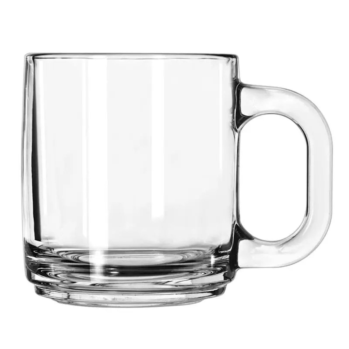 Libbey 5201 10 oz clear glass warm beverage mug with rounded handle and thick base
