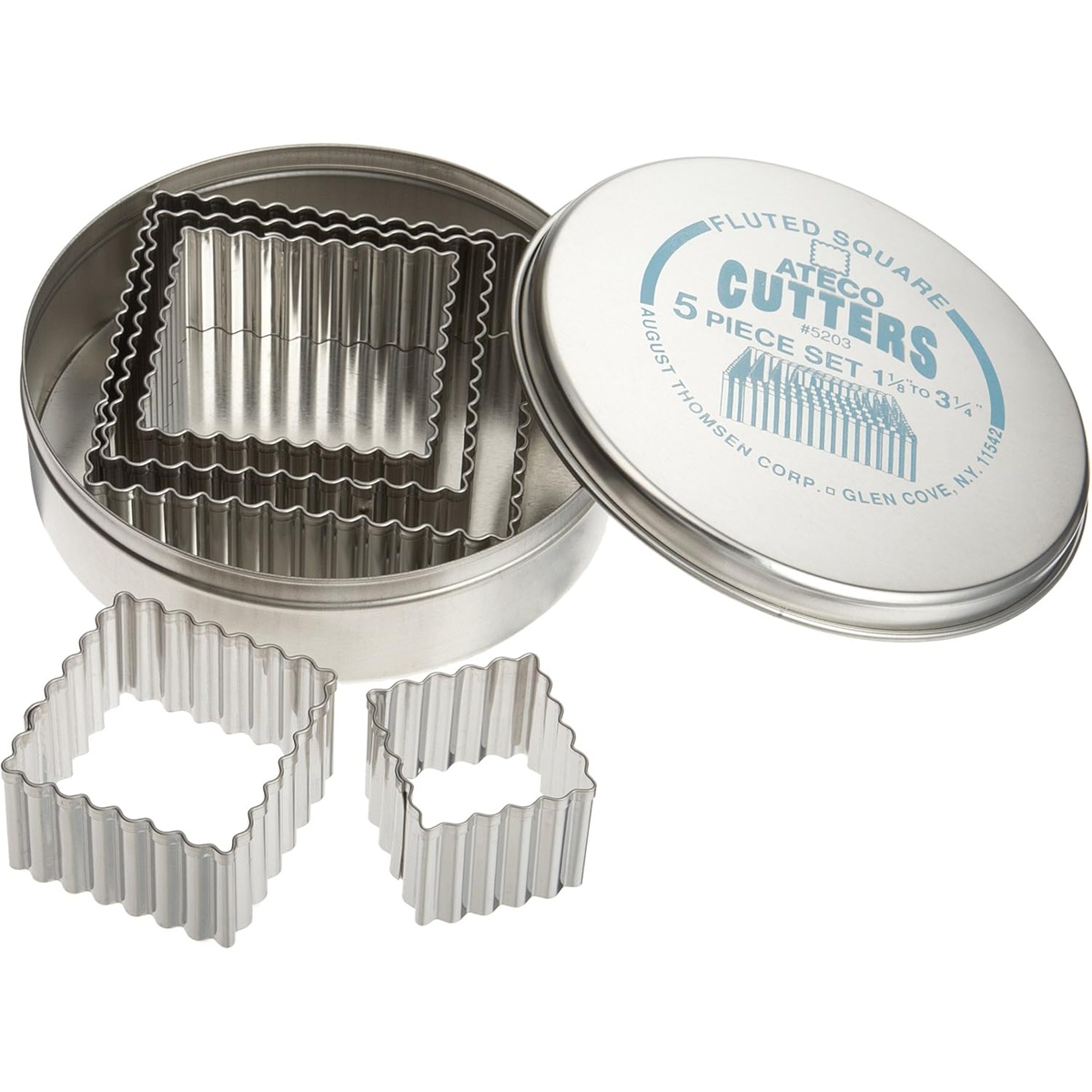 Ateco 5203 five-piece fluted square stainless steel cutter set with storage tin