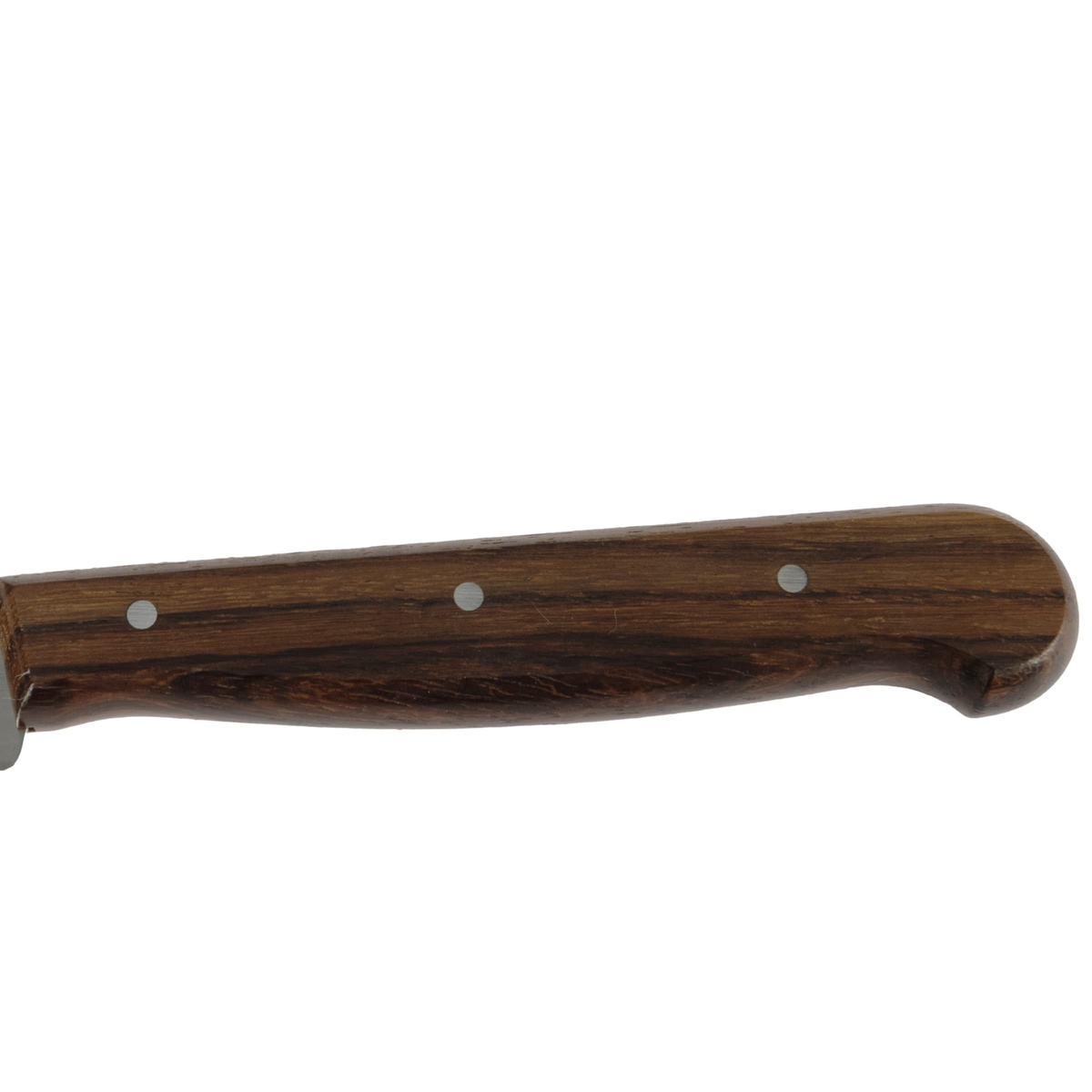 Close-up of the natural rosewood handle with three metal rivets on the Victorinox utility knife