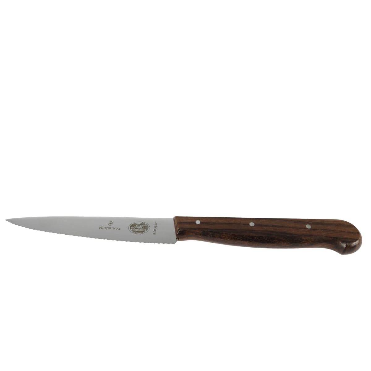 Victorinox 5.2030.12-X3 utility vegetable knife full view with rosewood handle and wavy blade