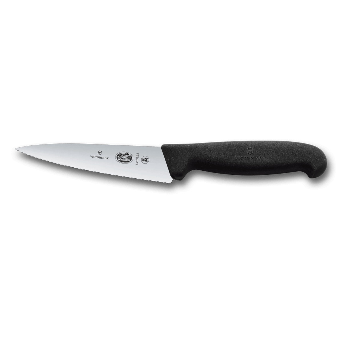 Victorinox Fibrox Chef's Knife 12 cm with wavy serrated blade and black handle, side profile view