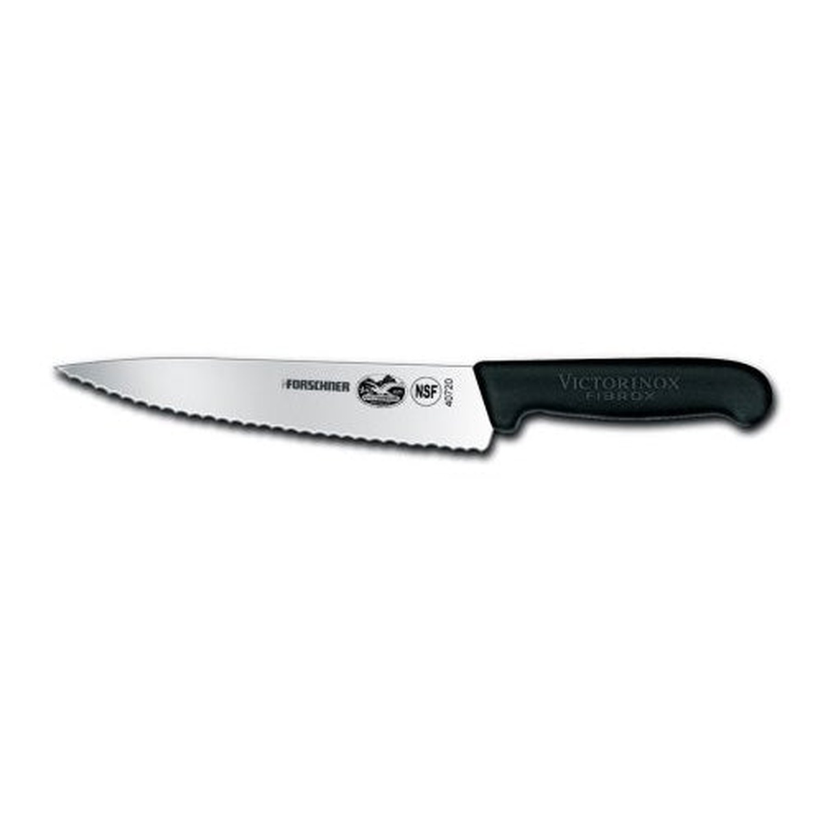 Victorinox 5.2033.19-X1 7-1/2 inch serrated chef knife with black Fibrox handle on white background
