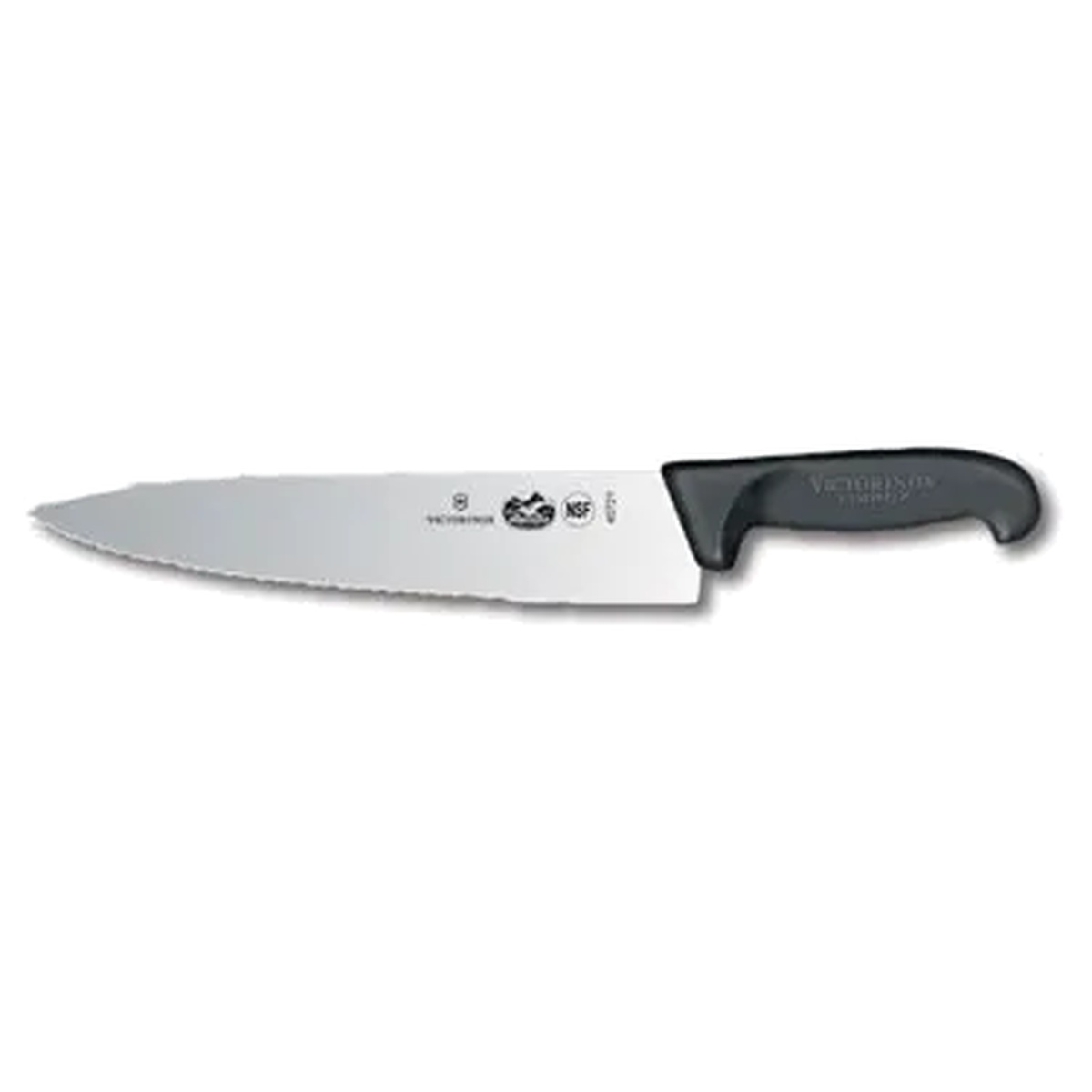 Victorinox 10-inch chef's knife with serrated and straight blade and black Fibrox Pro handle