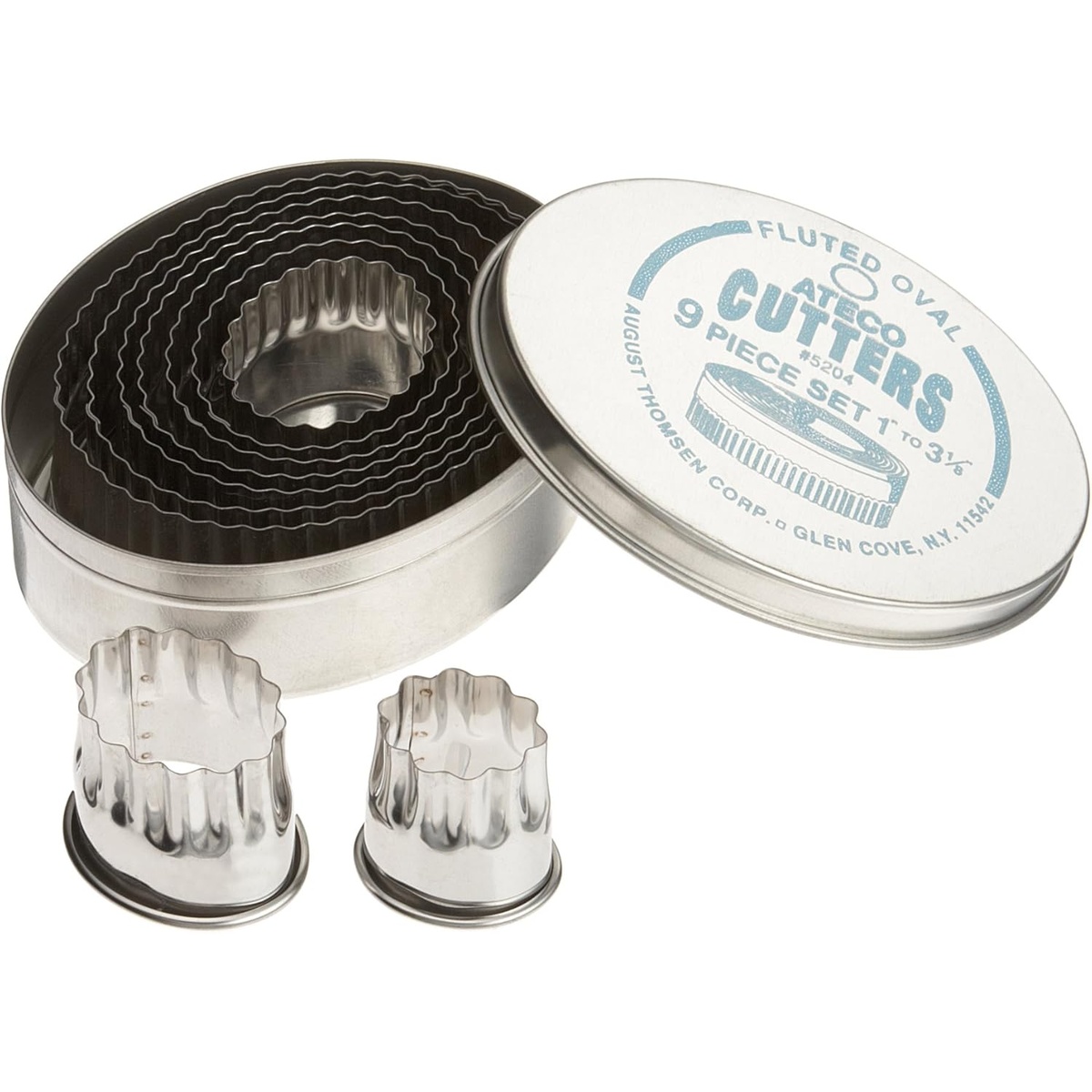 Ateco 5204 nine-piece fluted oval stainless steel cutter set with nested cutters and storage tin