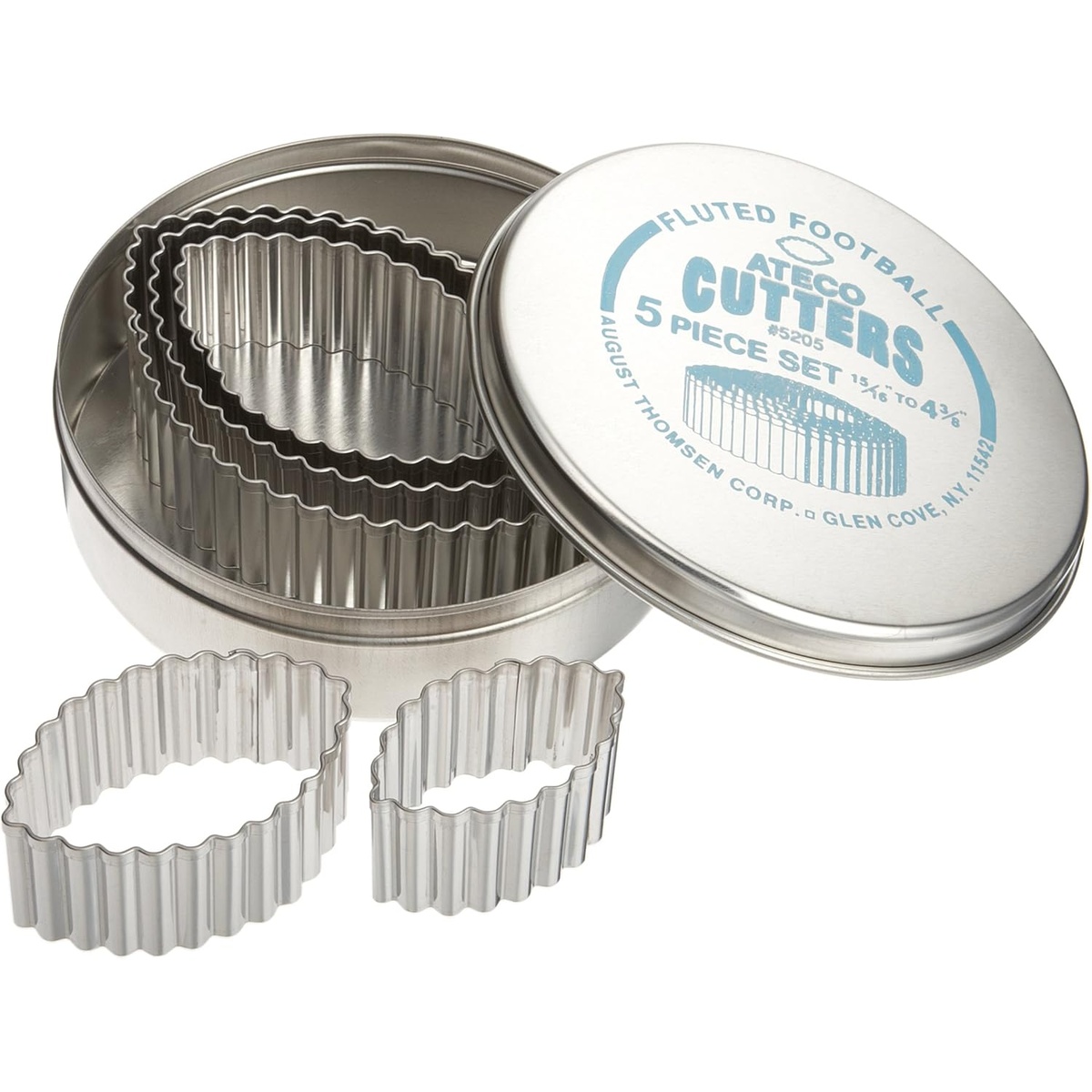 Ateco 5205 fluted football cutter 5-piece set with graduated stainless steel cutters and storage tin