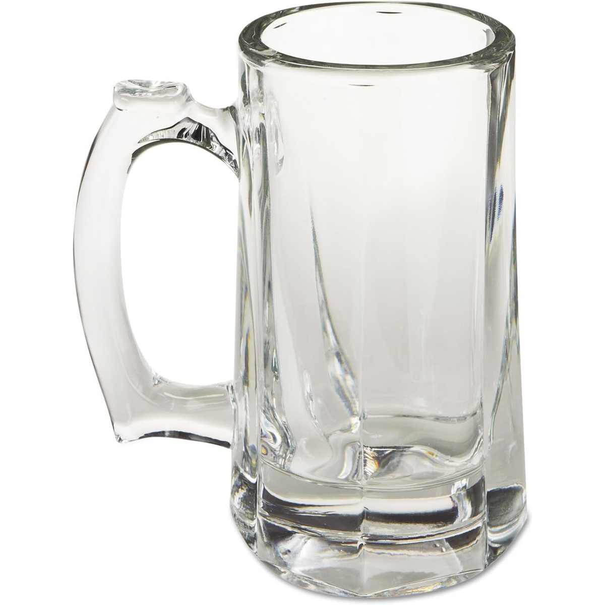 Libbey 5205 clear 10 oz glass beer mug with handle and vertical panel design on white background