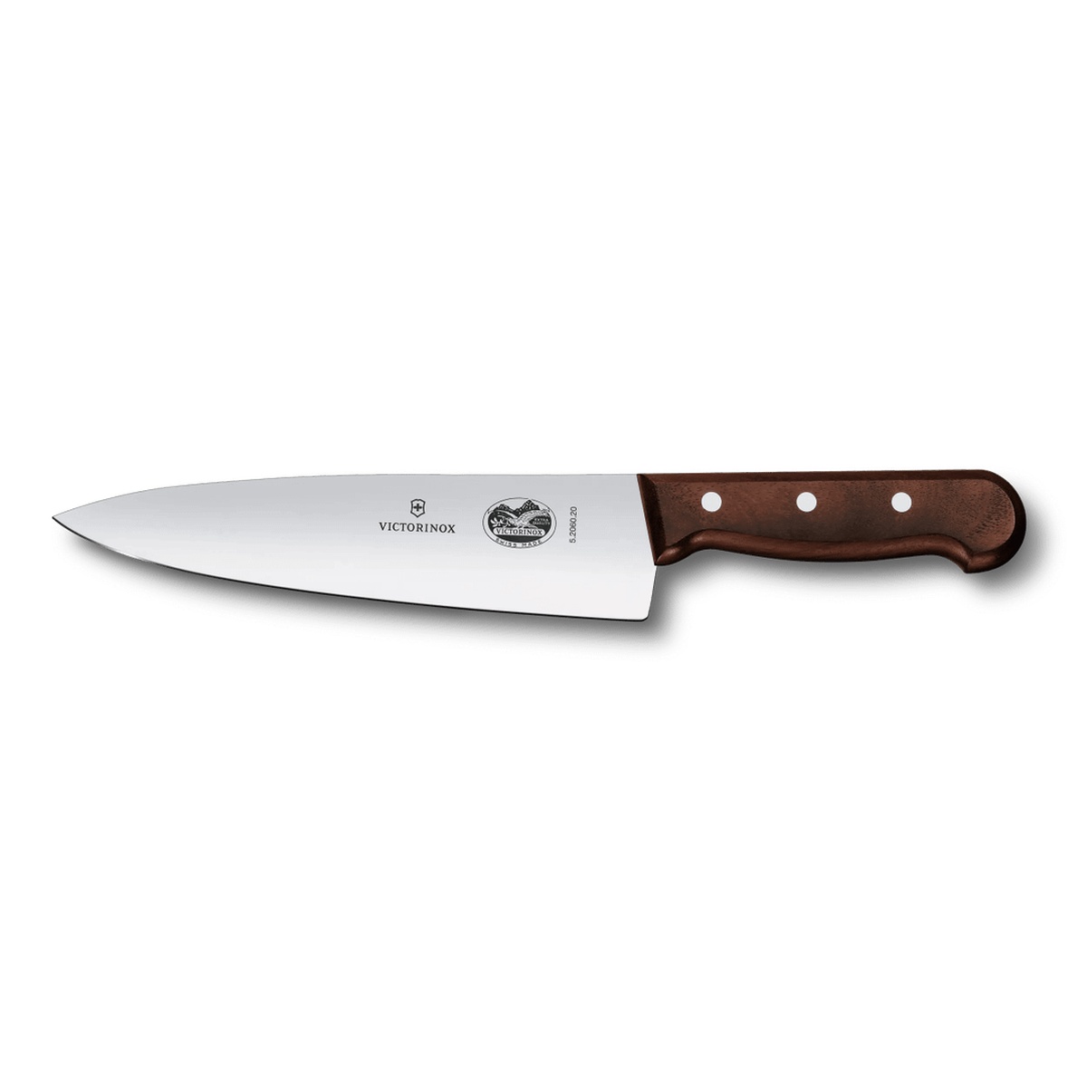 Victorinox Wood Chef's Knife full profile view showing brown maple handle with three rivets and wide stainless blade