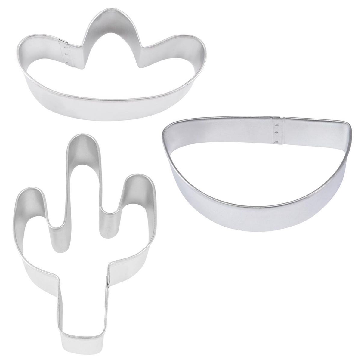 Three fiesta-themed tinplated steel cookie cutters: sombrero, taco, and cactus shapes on white background