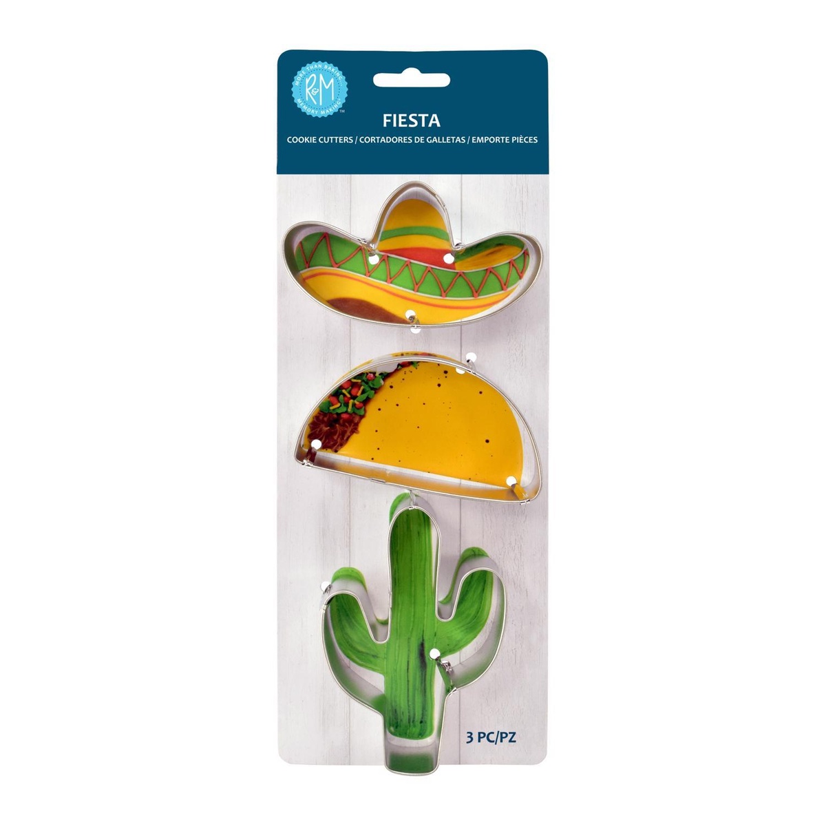 R&M International Fiesta Cookie Cutters 3-piece set in retail carded packaging showing sombrero, taco, and cactus shapes