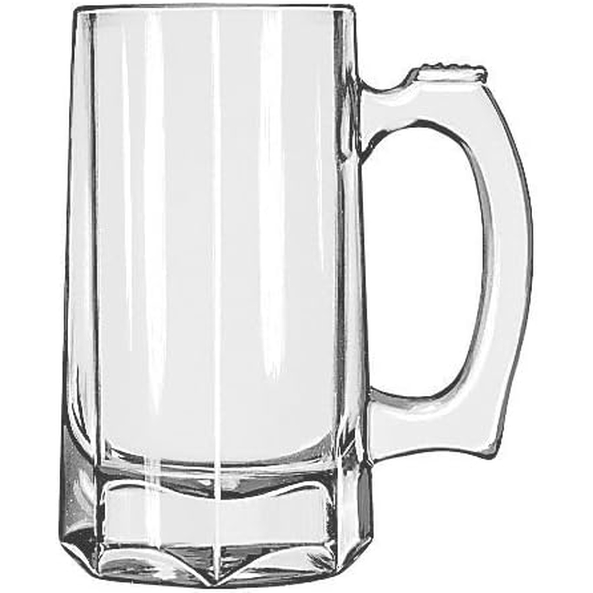 Libbey 5206 clear 12 oz glass beer mug with tall panels and textured thumb grip handle