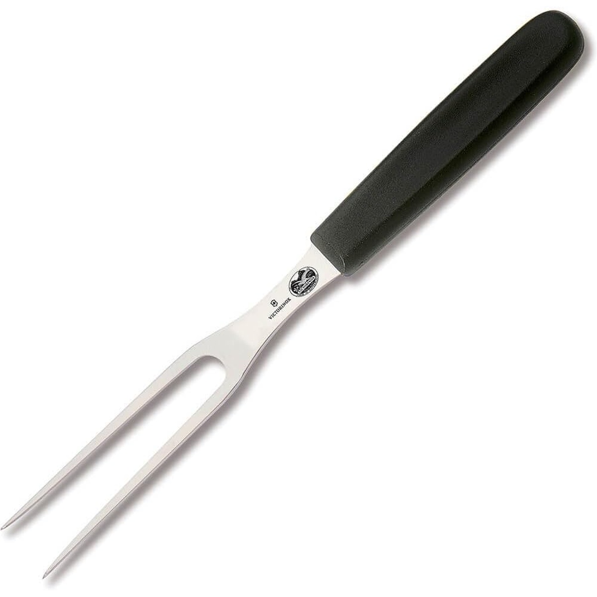 Victorinox 5.2103.15 carving fork with two stainless steel tines and black nylon handle on white background