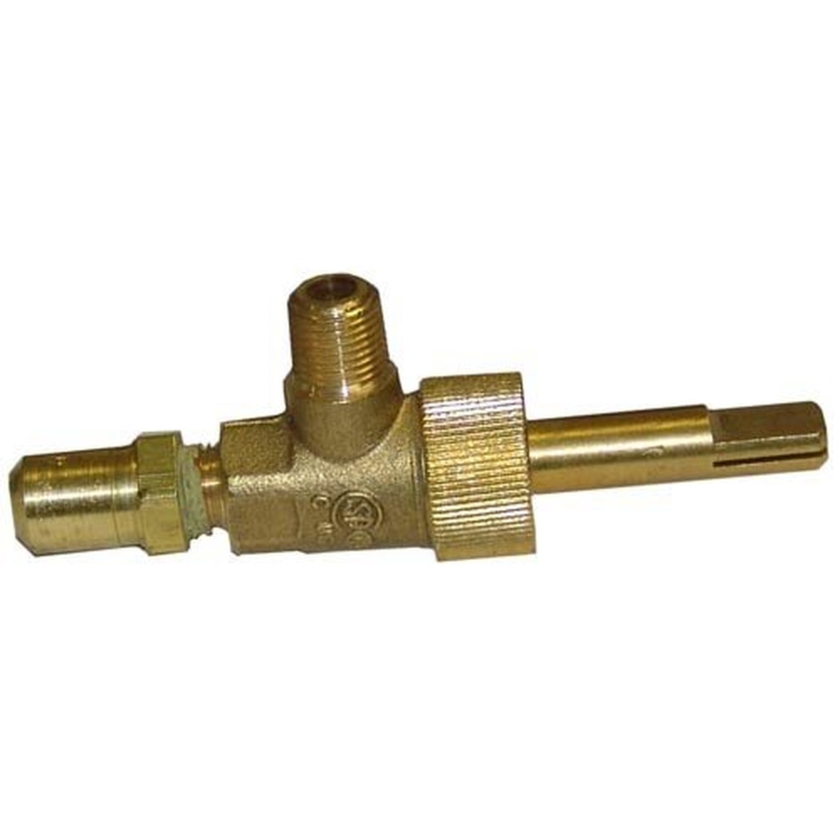 AllPoints 521163 brass top burner valve with 1/8-inch NPT gas inlet and 3/8-27 threaded gas outlet stem