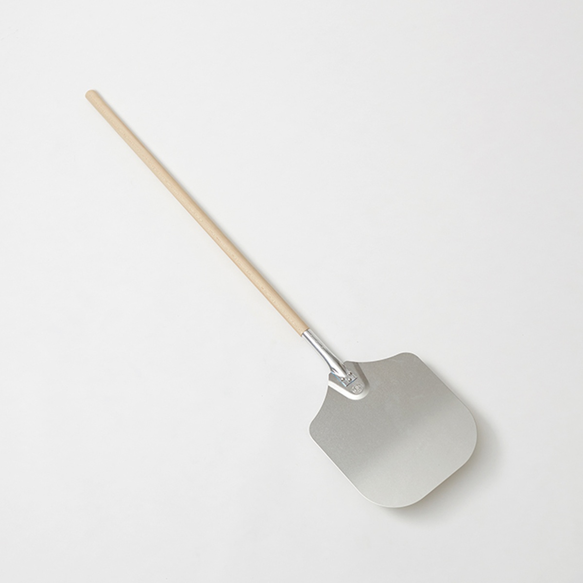 American Metalcraft 5212 aluminum pizza peel with rectangular blade and long wood handle on white background