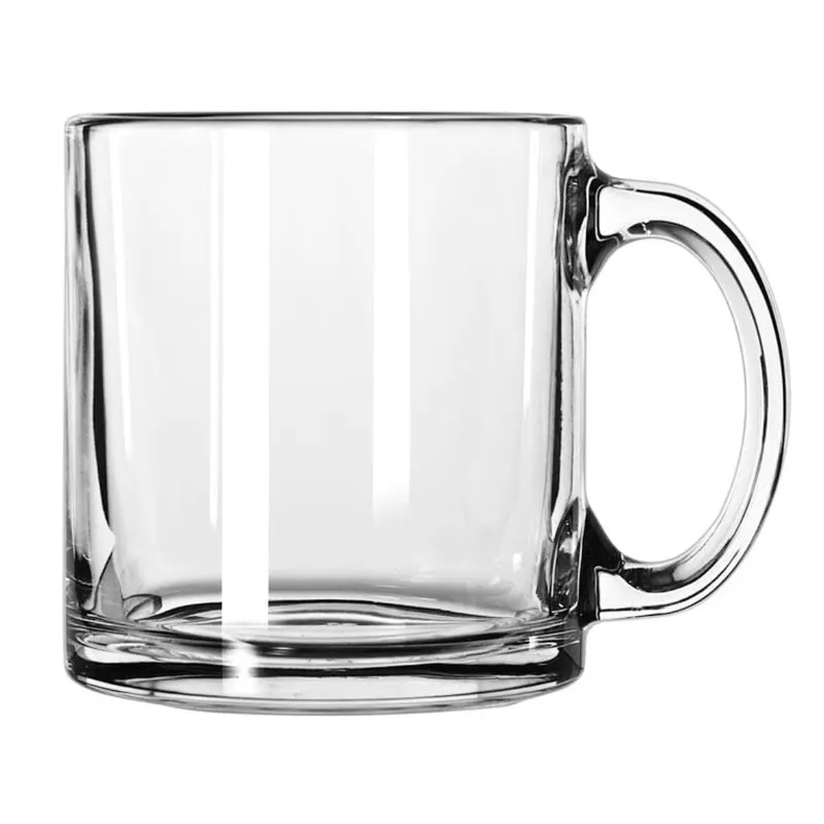 Libbey 5213 clear glass warm beverage mug with straight sides and large handle, isolated on white