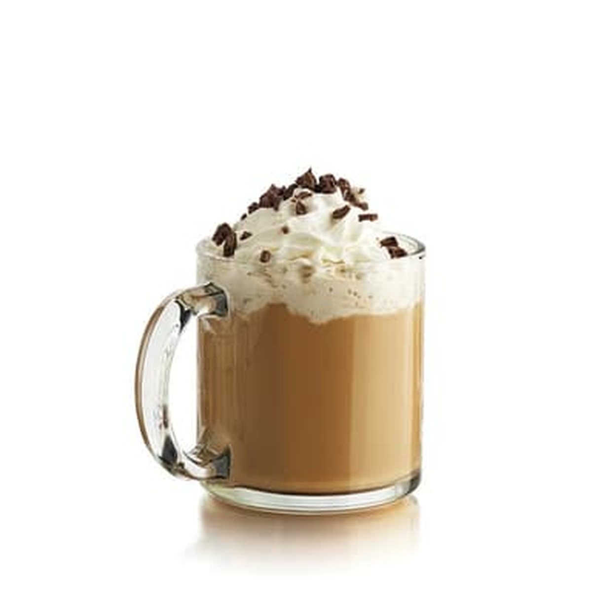 Libbey 5213 glass mug filled with a latte topped with whipped cream and chocolate shavings