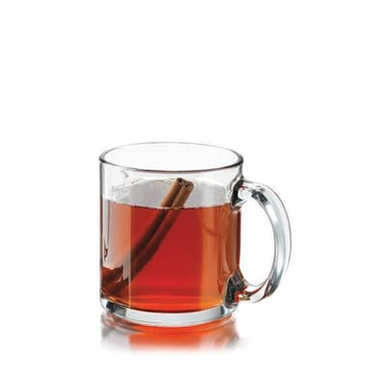 Libbey 5213 glass mug filled with amber tea and a cinnamon stick