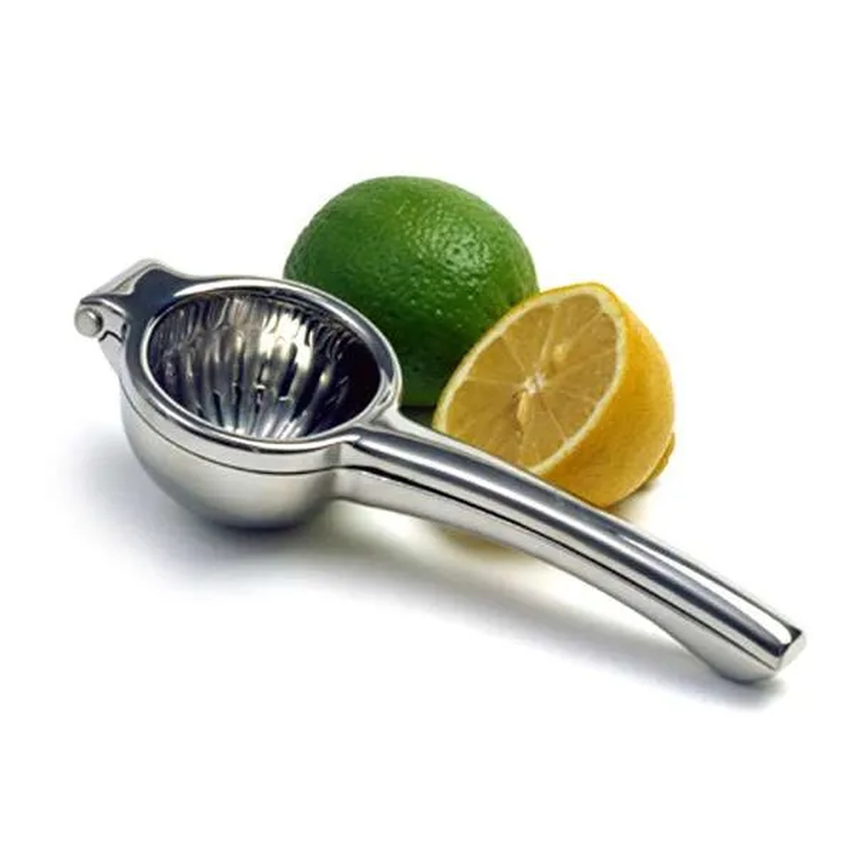 Norpro stainless steel citrus press juicer with a lime and halved lemon