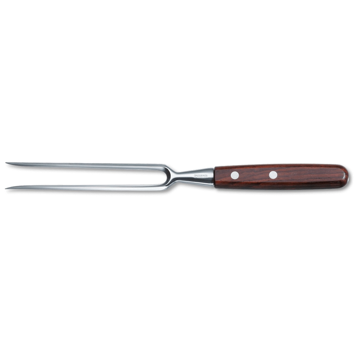 Victorinox 5.2300.18 carving fork with two stainless steel tines and rosewood handle, shown on light gray background