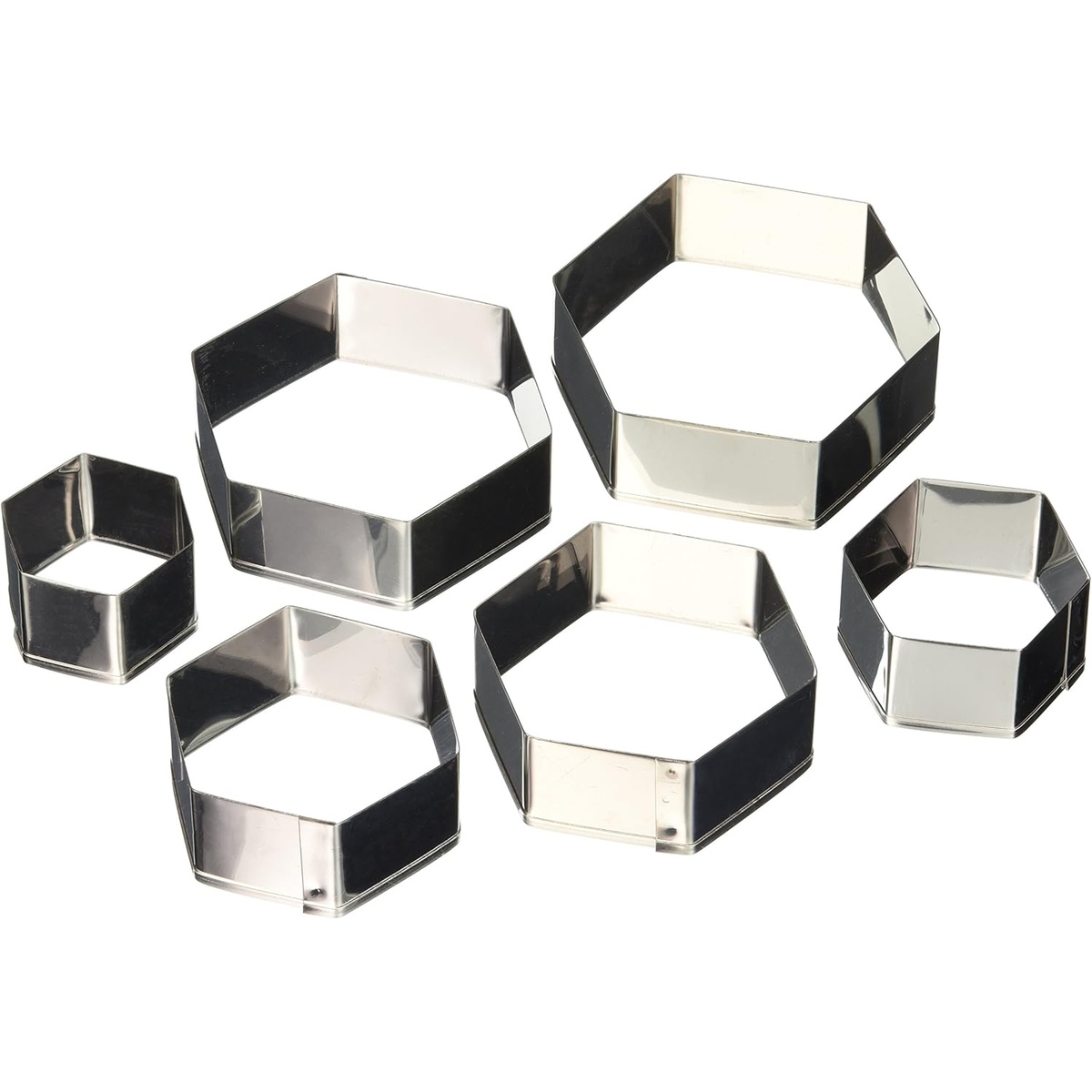 Set of six stainless steel hexagon cookie cutters in graduated sizes displayed on white background