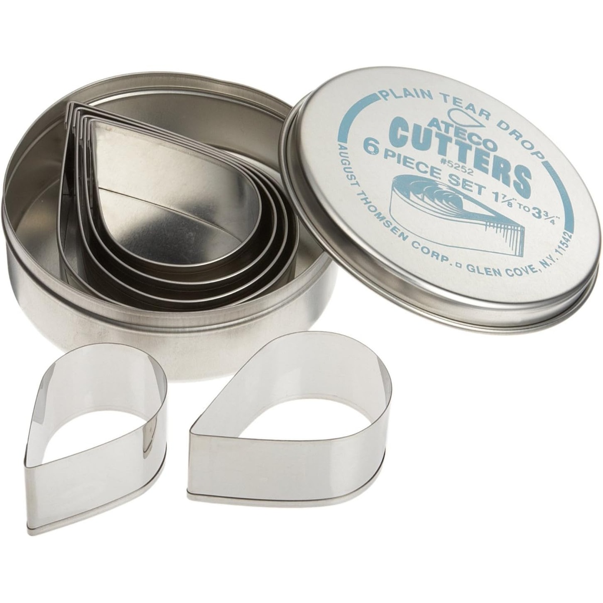 Ateco 5252 6-piece plain edge tear drop stainless steel cutter set with storage tin and two cutters displayed in front