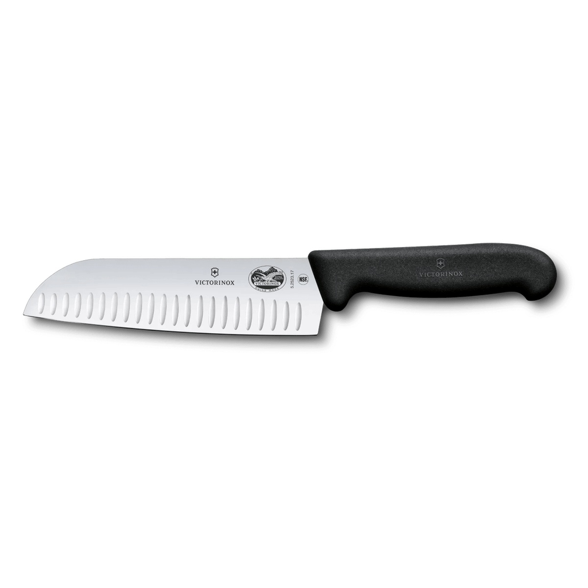 Victorinox Fibrox Santoku Knife with black handle and fluted blade on white background