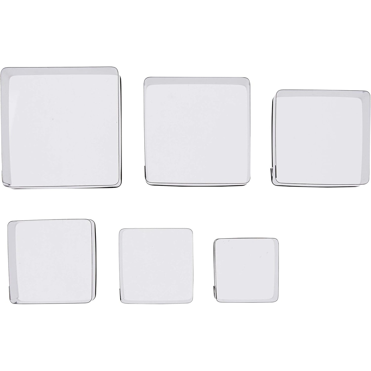 Six stainless steel square cookie cutters laid flat showing graduated sizes from largest to smallest
