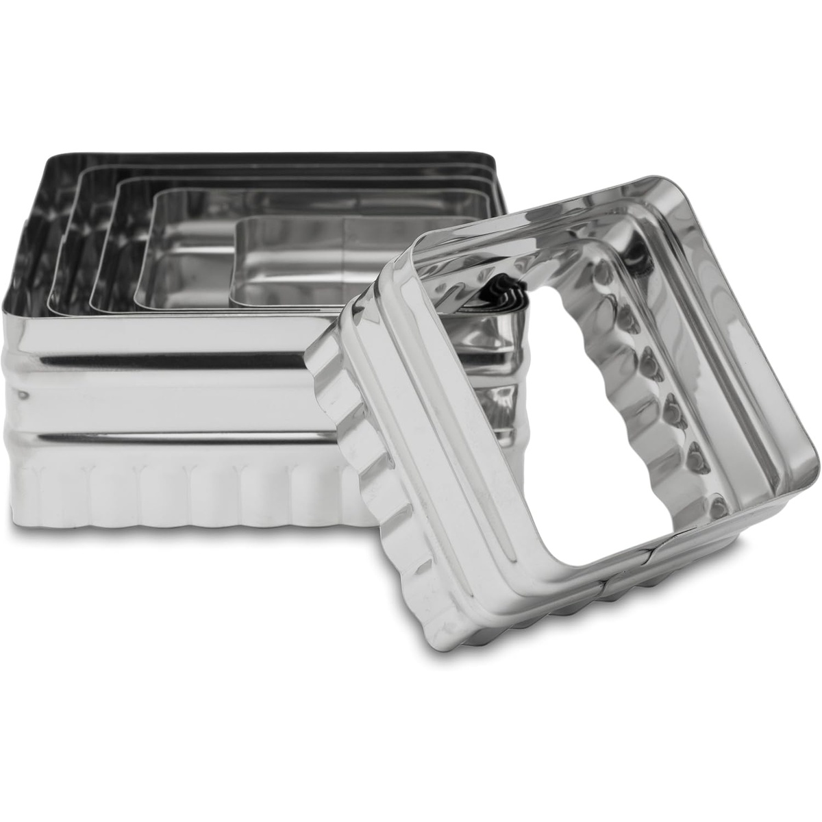 Ateco 52530 set of six stainless steel double-sided square cutters showing fluted and plain edges, nested together