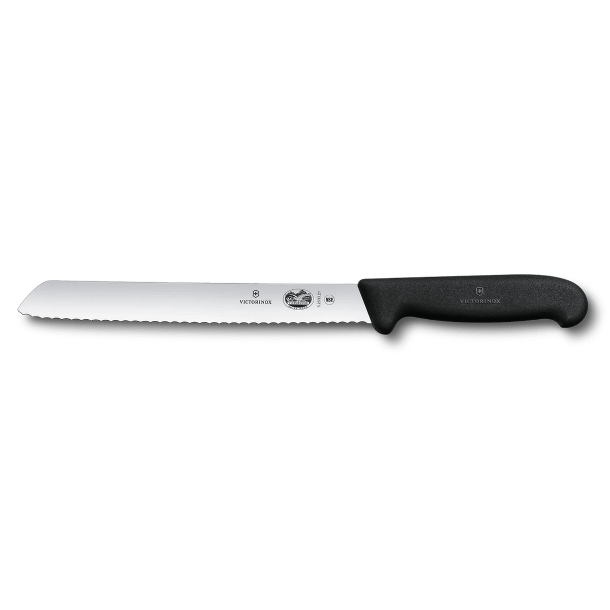 Victorinox Fibrox 8 inch bread knife with black handle and serrated stainless steel blade
