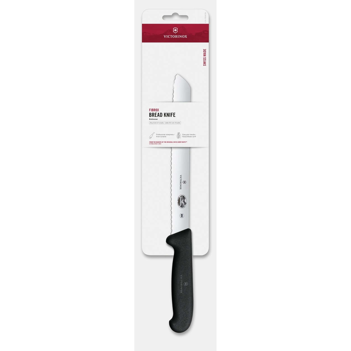 Victorinox Fibrox bread knife in red and white retail hanging package