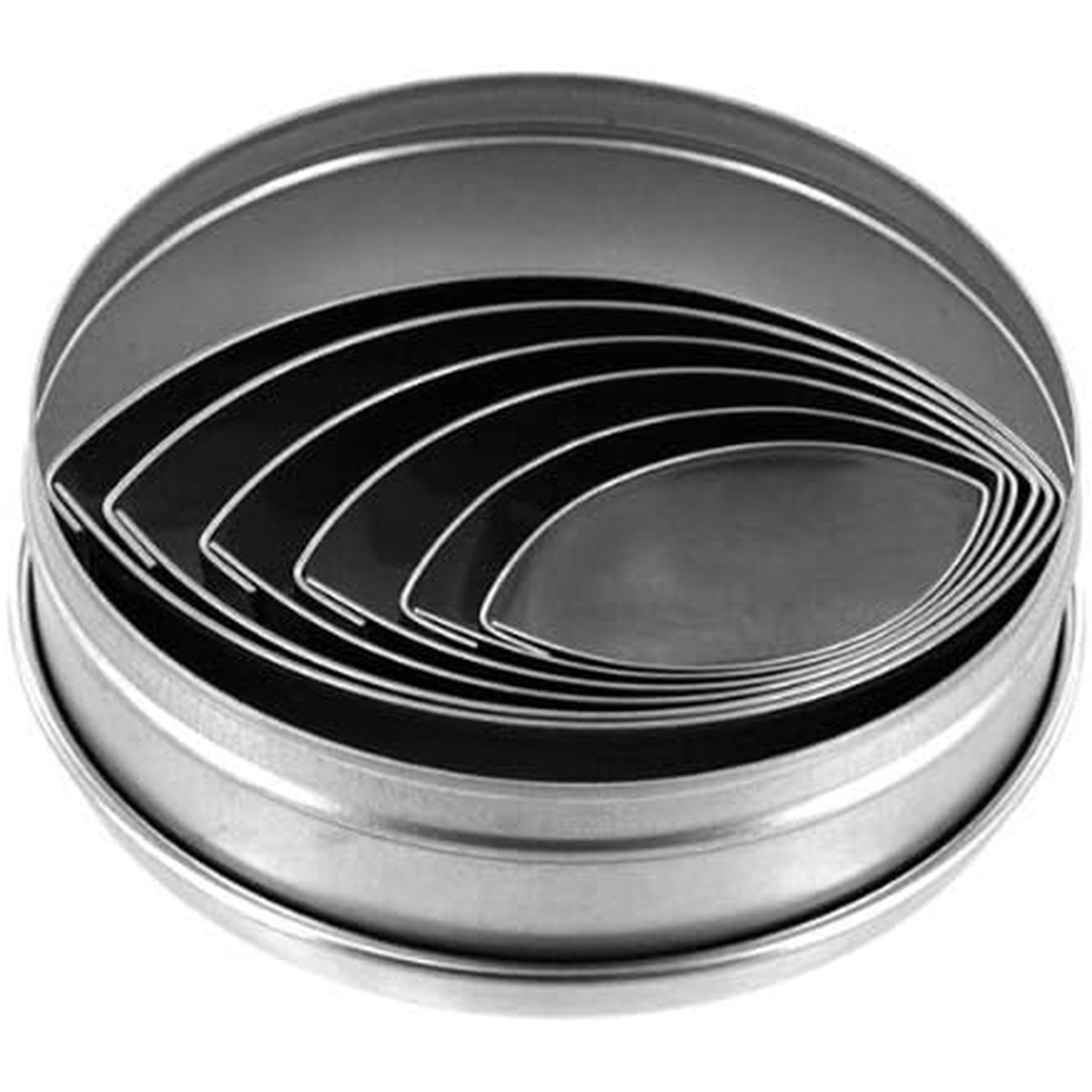 All 6 Ateco plain football stainless steel cookie cutters nested inside the round storage tin