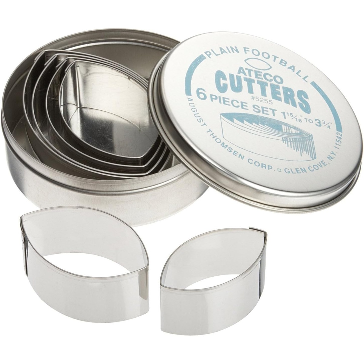 Ateco 5255 plain football stainless steel cookie cutter set with storage tin and two cutters displayed in front