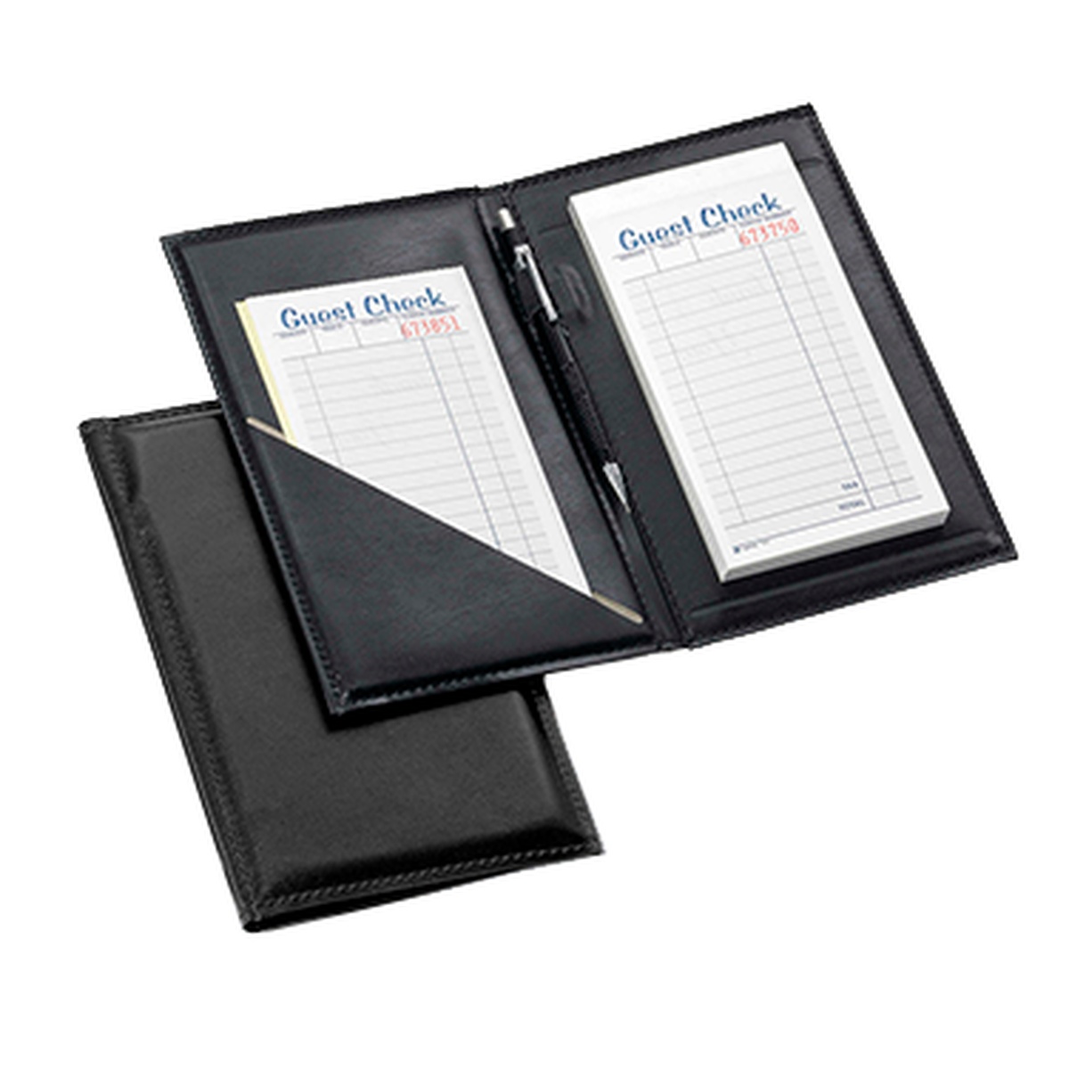 TableCraft 52585BK black vinyl order holder shown open with guest check pads and pen, and closed view