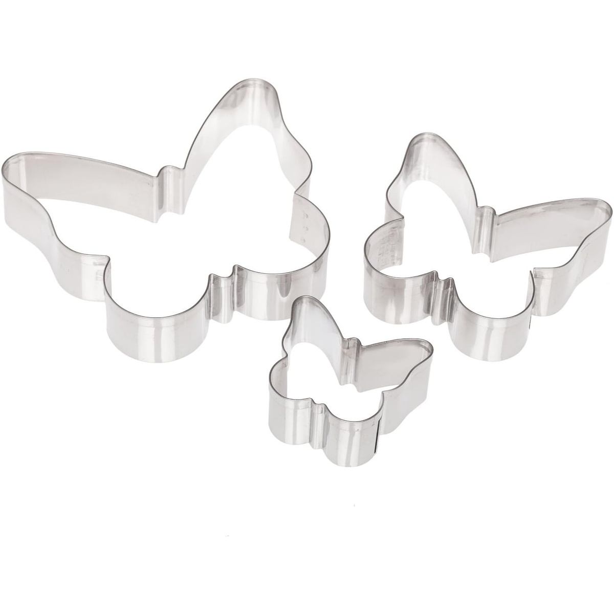 Set of three stainless steel butterfly-shaped cookie cutters in small, medium, and large sizes