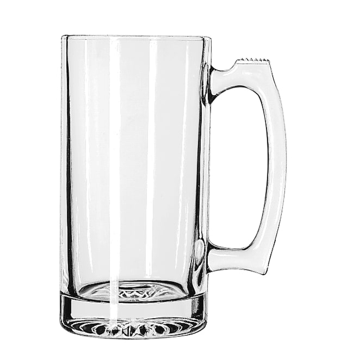Libbey 5272 clear 25 oz sport beer mug with thumb grip handle and star-patterned bottom