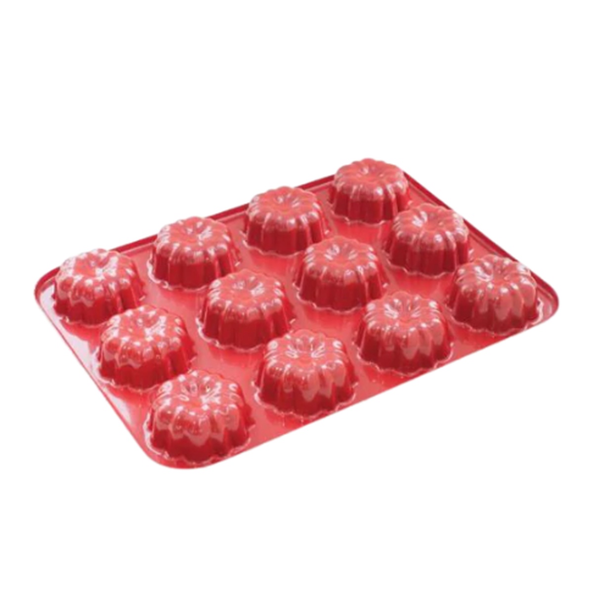 Nordic Ware Mini Bundt Cupcake Pan in red with 12 individual bundt-shaped cavities