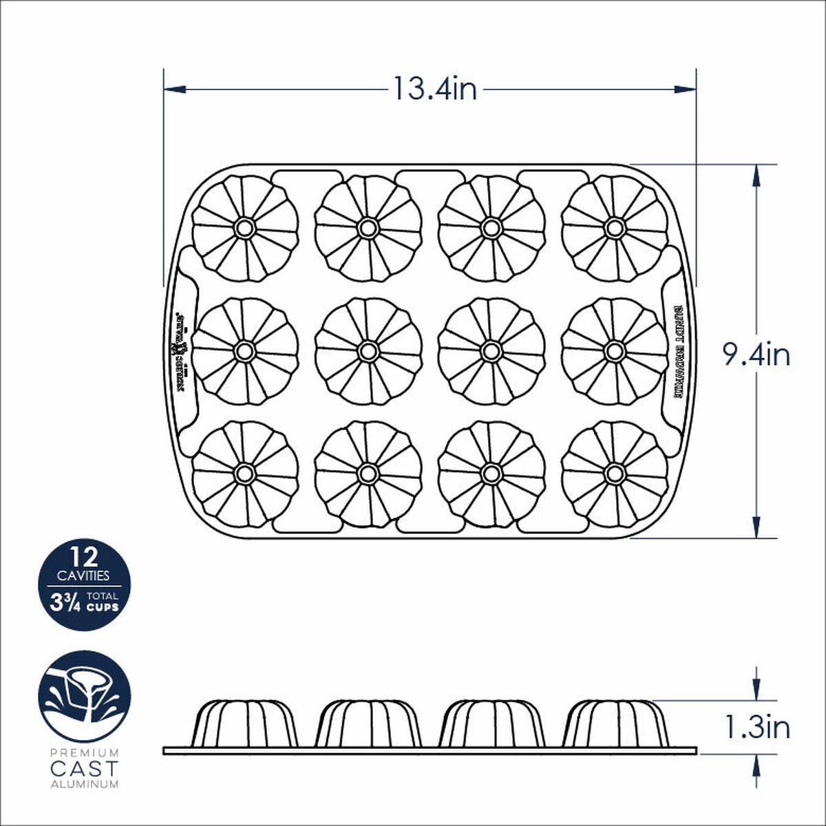 Nordic Ware Bundt Brownie Pan dimension diagram showing 13.4 inch width, 9.4 inch depth, 1.3 inch height and 3 3/4 cup total capacity