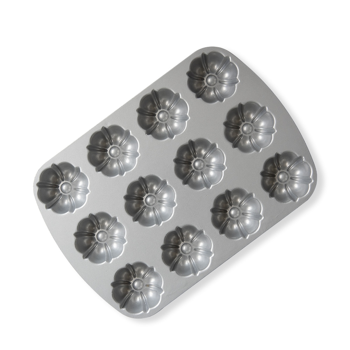 Nordic Ware Bundt Brownie Pan bottom view showing 12 flower-shaped cavity impressions in cast aluminum