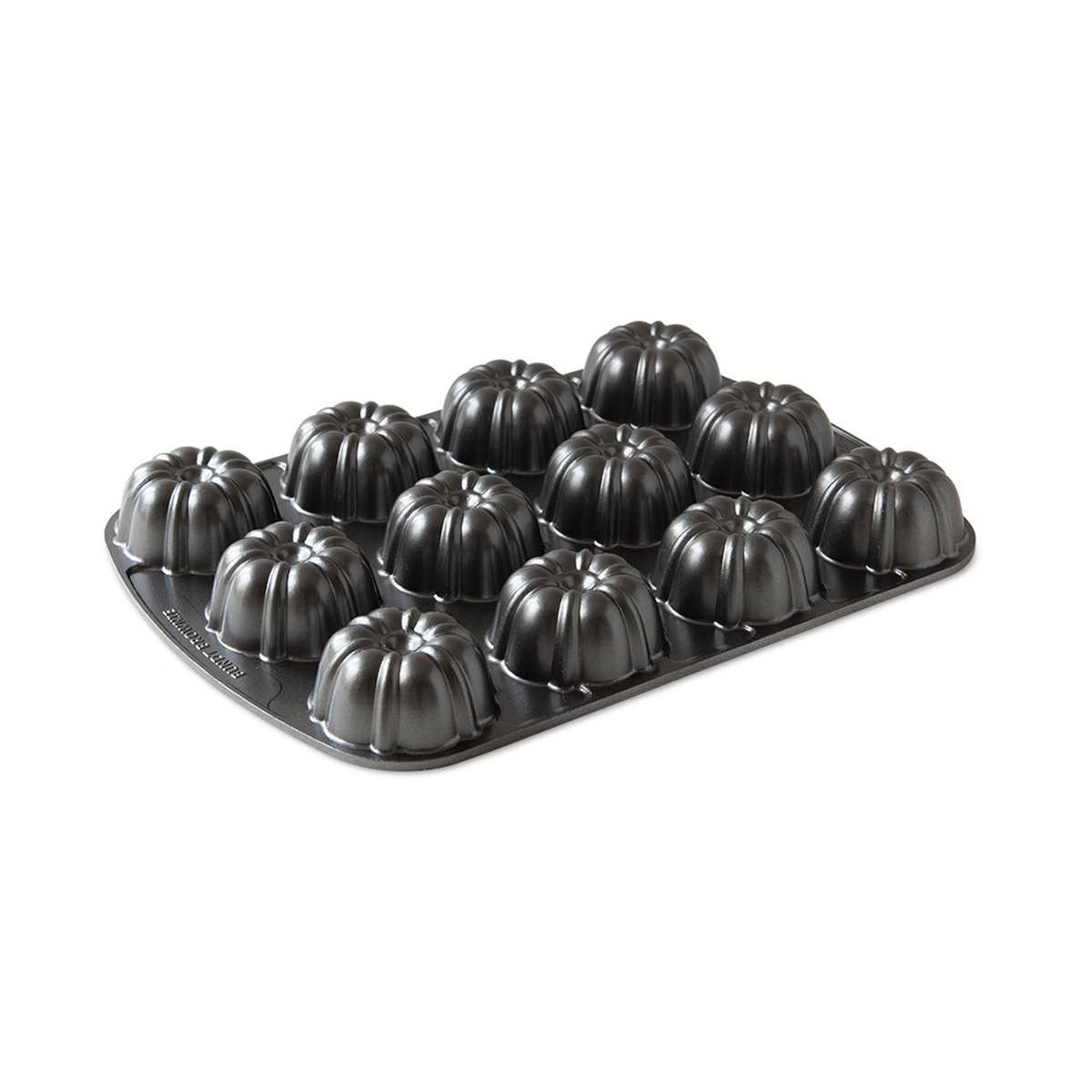 Nordic Ware Bundt Brownie Pan dark nonstick finish showing 12 fluted cavities, angled view