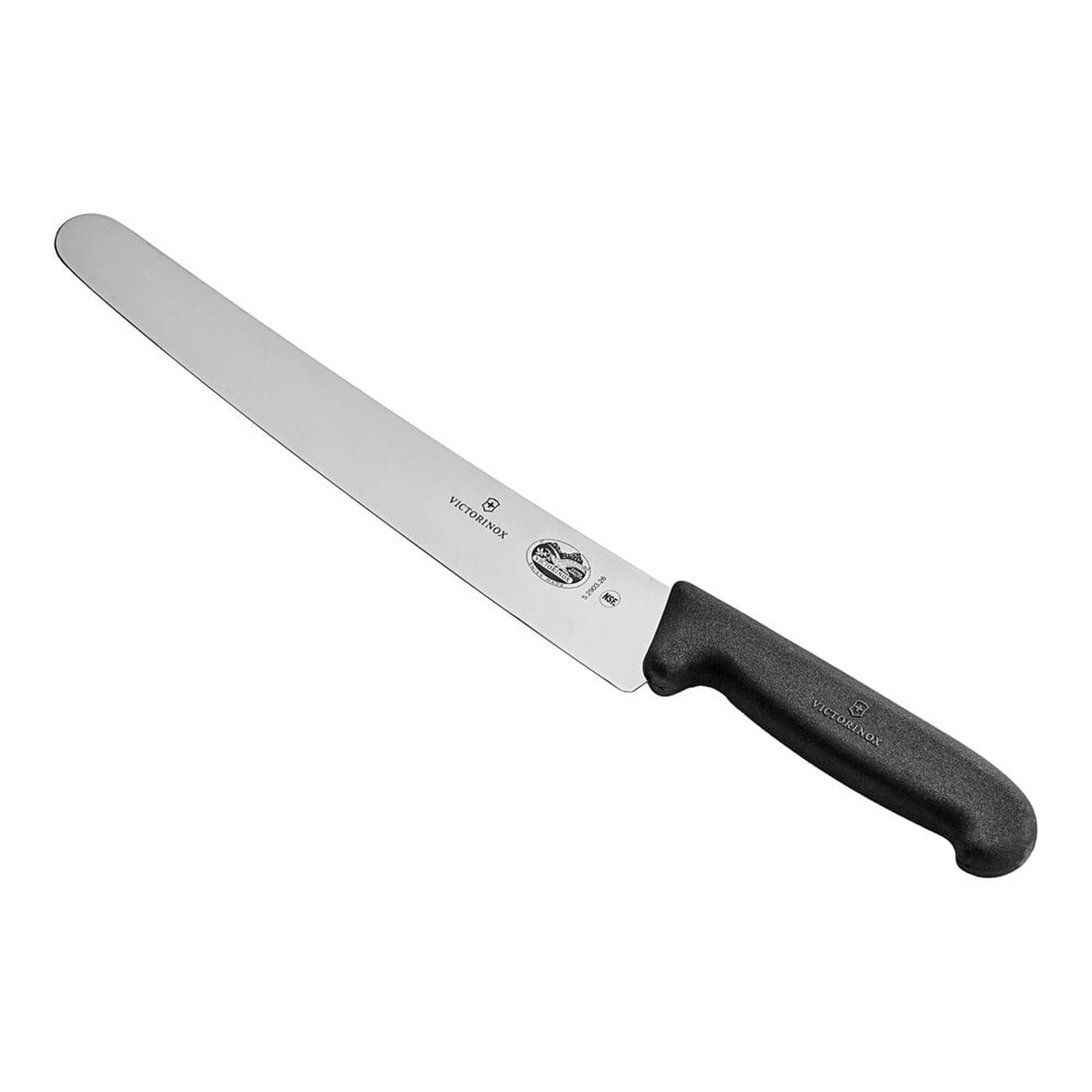 Victorinox 10 1/4 inch slicer knife with black Fibrox Pro handle and stainless steel blade on white background