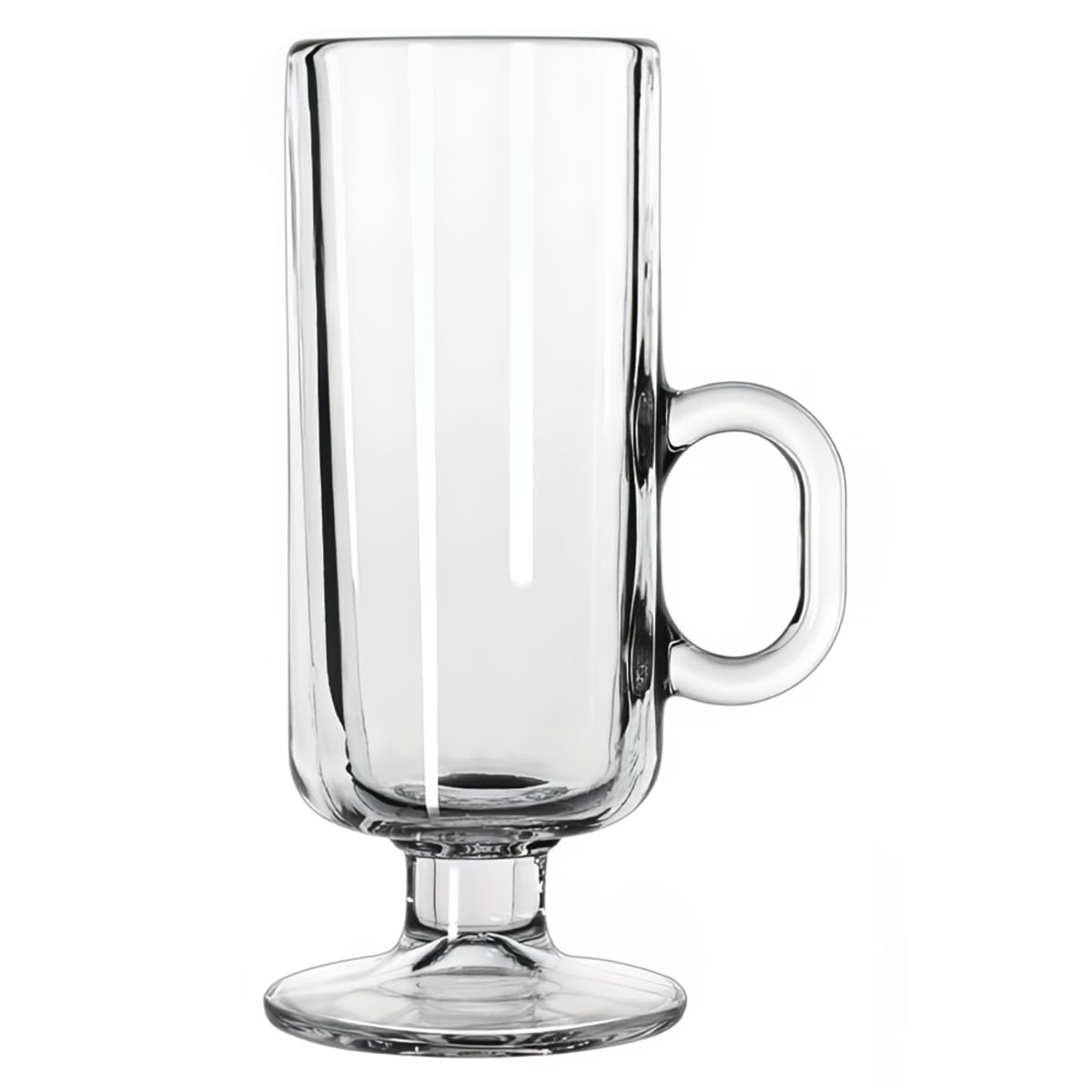 Libbey 5292 8 oz clear glass Irish coffee mug with footed base and handle on white background