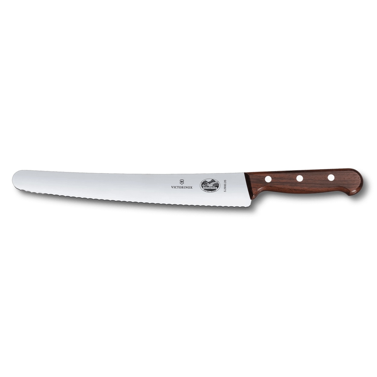 Victorinox 10.25-inch bread and pastry knife with serrated wavy edge and rosewood handle on white background