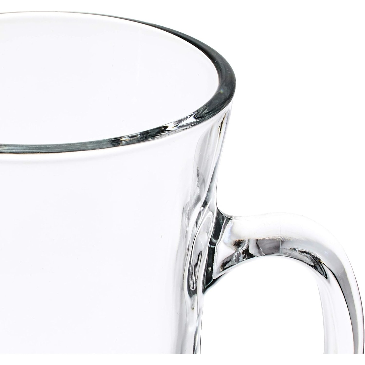 Close-up of the rim and handle of the Libbey 5295 clear glass Irish coffee mug