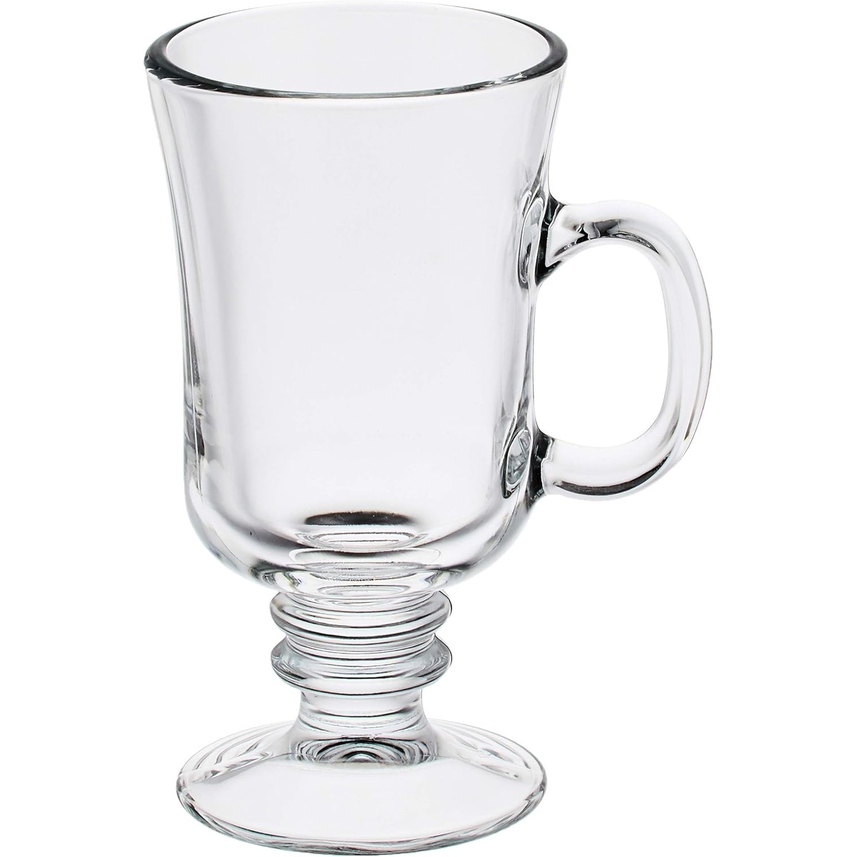 Libbey 5295 clear glass Irish coffee mug with ornate ringed stem and handle