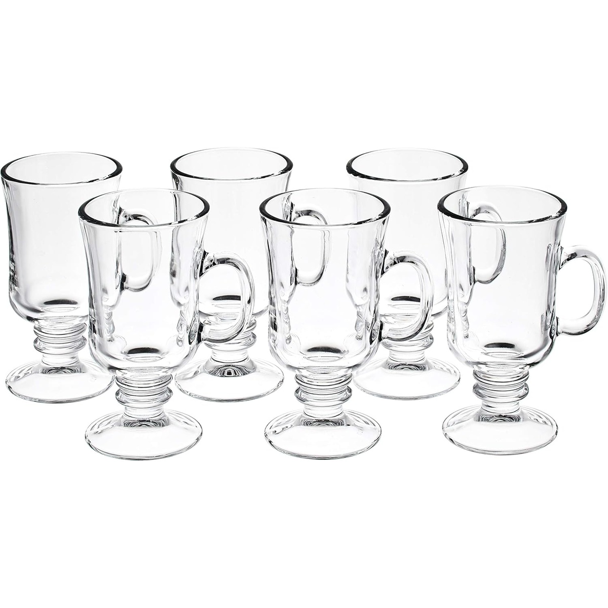 Set of six Libbey 5295 clear glass Irish coffee mugs with ringed stems and handles