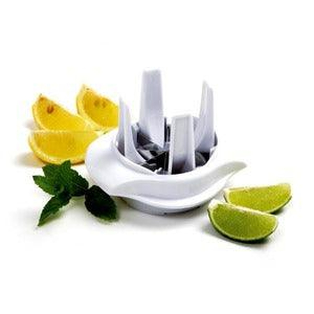 Norpro white lemon and lime slicer with fresh citrus wedges