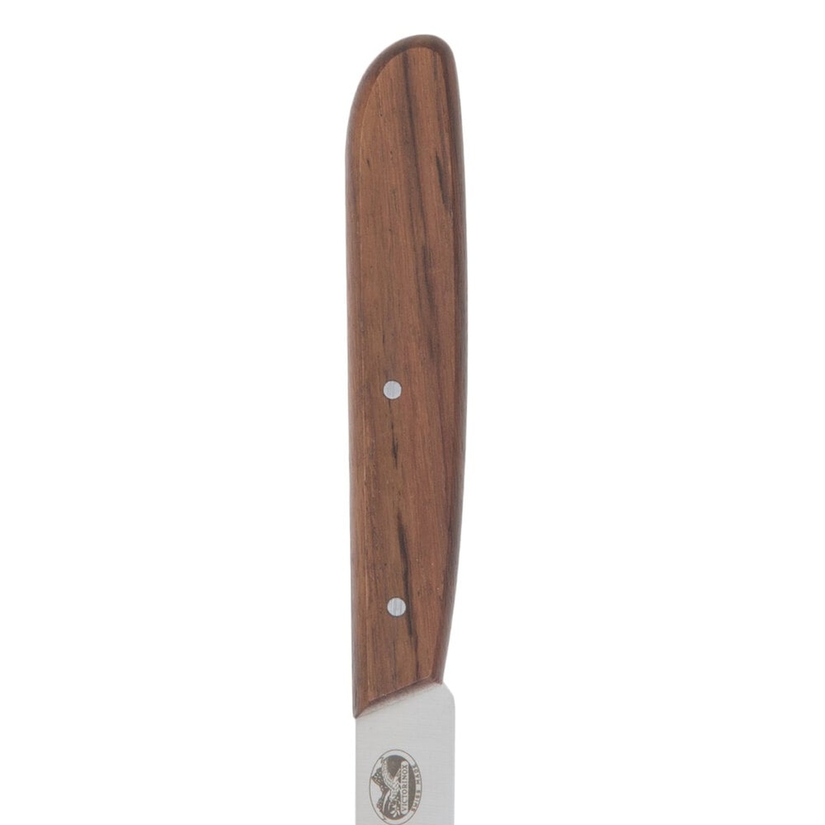 Close-up of the large rosewood handle of the Victorinox paring knife showing natural grain and rivets
