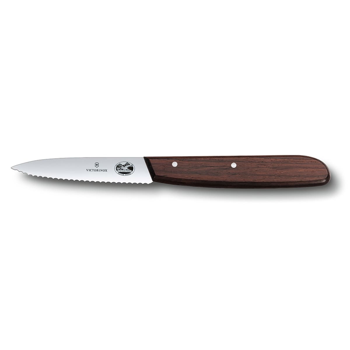 Victorinox 3-1/4 inch wavy paring knife with serrated stainless steel blade and brown rosewood handle