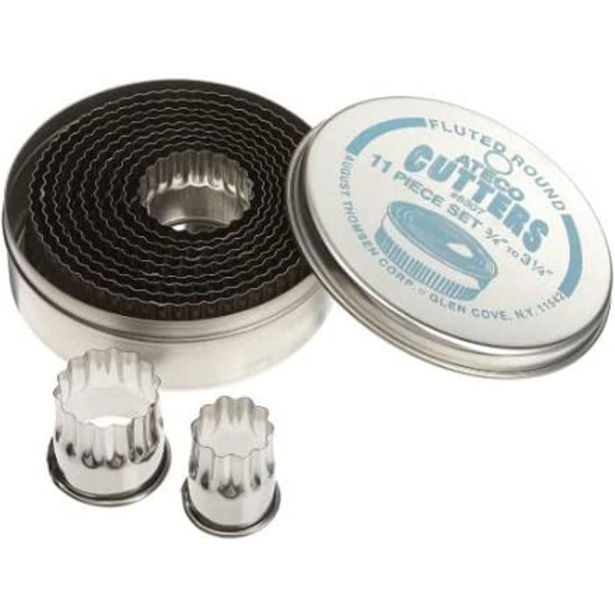 Ateco 5307 fluted round cutter set nested in round tin with two small cutters displayed in front