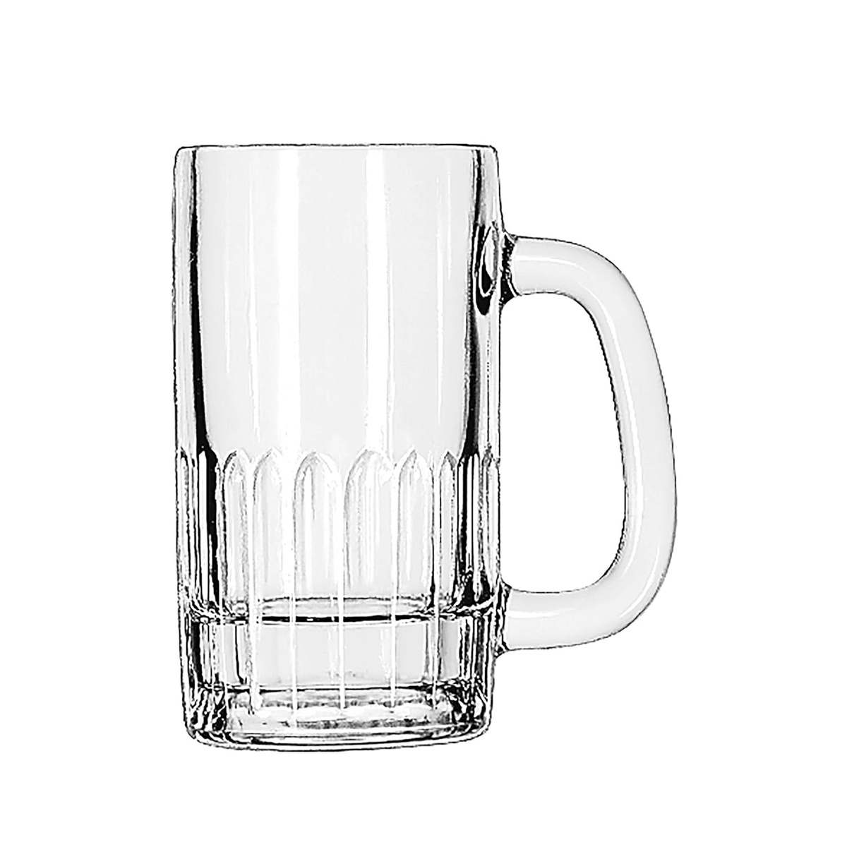 Libbey 5309 clear 12 oz glass beer mug with curved handle and narrow arch panel texture at base
