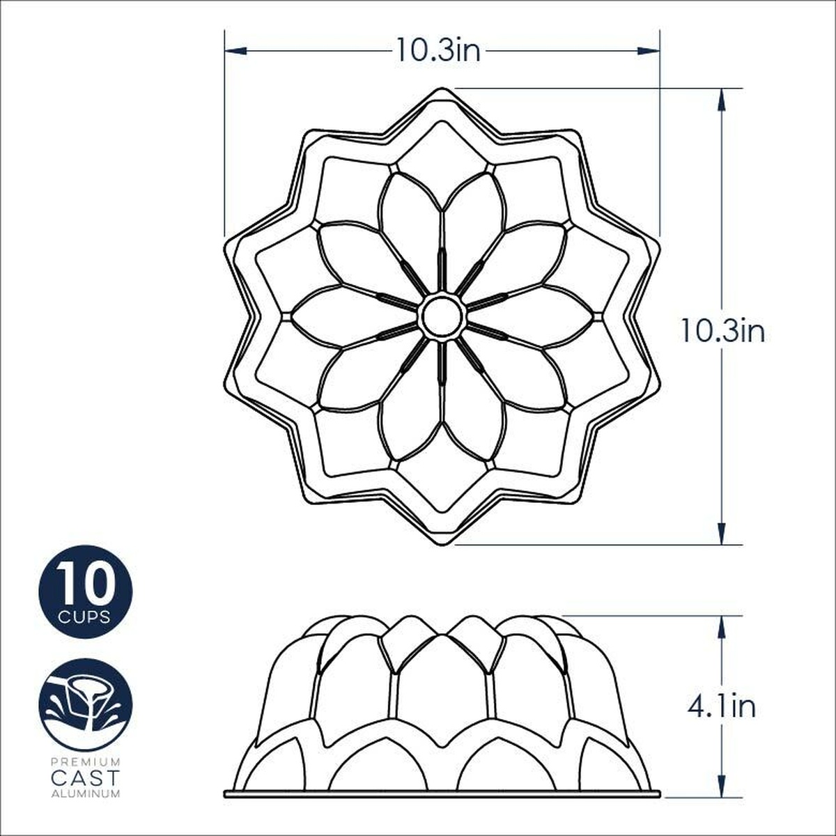 Technical dimension diagram of Nordic Ware Vintage Star Bundt Pan showing 10.3 inch width and 4.1 inch height with 10-cup capacity label